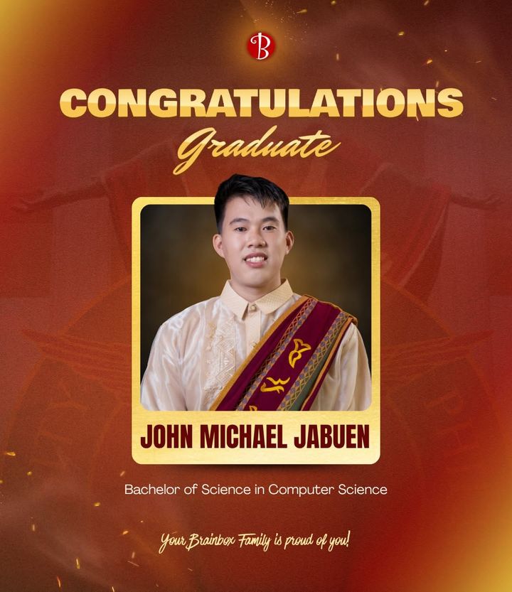Brainbox graphic congratulating John Michael Jabuen on graduating with a BS in Computer Science