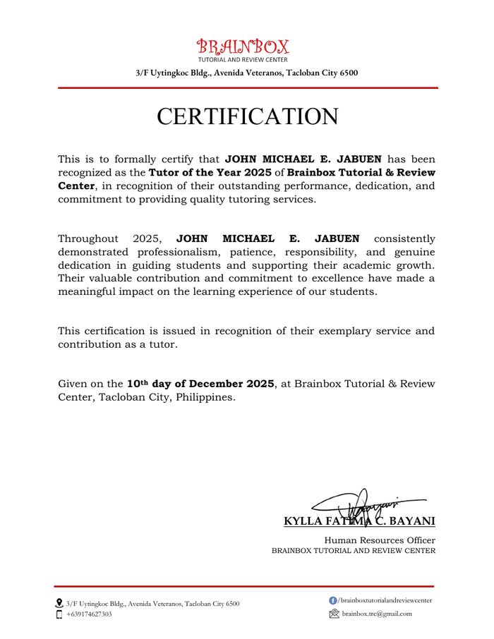 Original Tutor of the Year 2025 certification from Brainbox Tutorial and Review Center